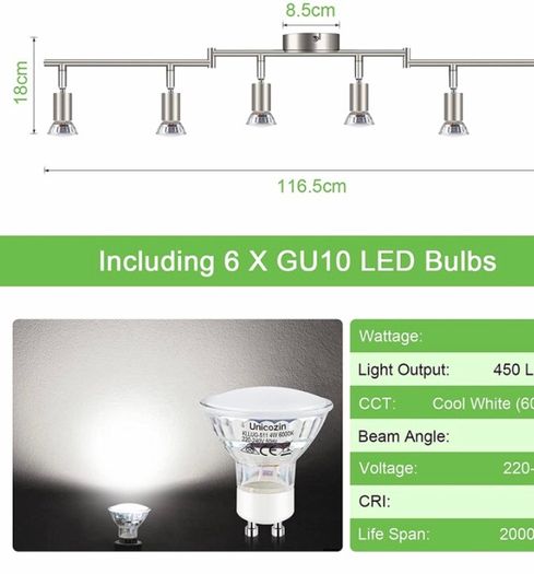 LED Ceiling Light Rotatable, 6 Way LED Ceiling Spotlight, Matt Nickel & Swivelling Design, Including 6 X 4W GU10 LED Bulbs (MULTIPLE COLOURS)