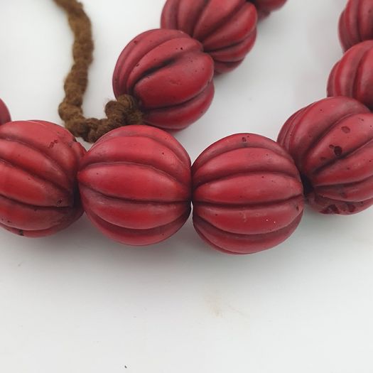 Antique African Red Melon Shape Big Glass Beads Necklace Strand