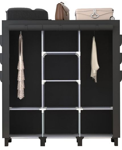 Portable Closet with 2 Hanging Rails & 8 Shelves, Bedroom Wardrobe with 18 Side Pockets, Foldable Garment Organiser (Black