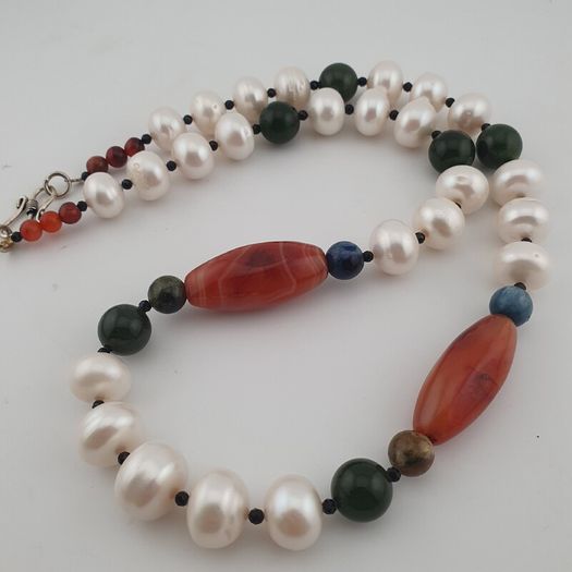 Authentic Freshwater Pearl Necklace with African Carnelian & Jade Beads