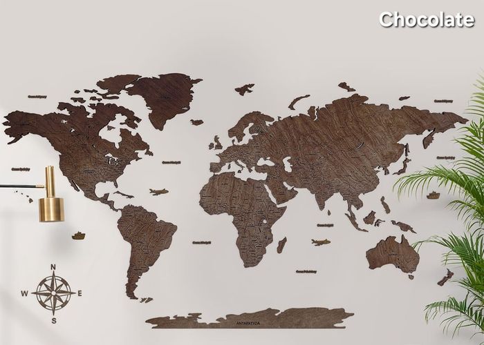 2D Premium Wooden World Map Country Borders US and Canada States Borders Country Names Country Capital Names 400 World Biggest City Names