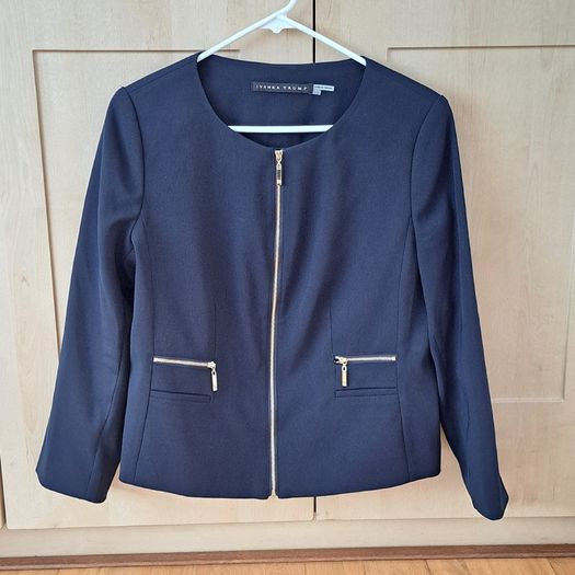 Ivanka Trump Navy Collarless Zip Blazer Size UK 14 (US 10)
