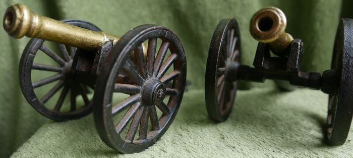 Vintage Brass and Cast Iron Cannons - Moving Wheels - Adjustable Mini Cannon - Set of 2