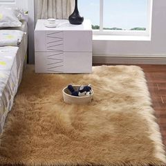 MULTIPLE SIZES/COLOURS AVAILABLE Square Faux Fur Fleece Fluffy Area Rugs Washable Yoga Carpet Bedroom Floor Rugs, Camel/2'x 4'