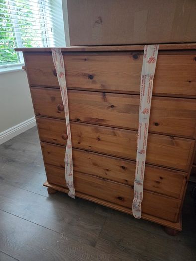 Bedroom furniture - bed frame, chest of drawers and 2 x locker