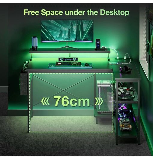 L Shaped Gaming Desk with LED Lights, 100 x 70 cm Computer Desk with Power Outlet