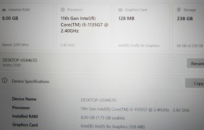 Laptop Dell Vostro 3500 Win11 8gb Ram 256gb Ssd I5-1135g7 Cpu