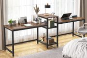 _Two-person desk with storage compartments, 94 inch extra-long double computer table with printer stand, bookshelf, large double workstation, home office table, desk