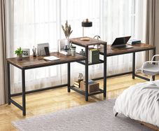 _Two-person desk with storage compartments, 94 inch extra-long double computer table with printer stand, bookshelf, large double workstation, home office table, desk