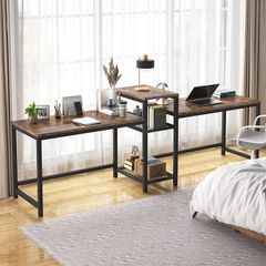 _Two-person desk with storage compartments, 94 inch extra-long double computer table with printer stand, bookshelf, large double workstation, home office table, desk