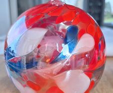 Red, Blue and White Marbled Iridescent Decorative Glass Globe Hanging Ornament