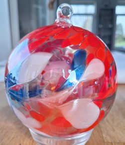 Red, Blue and White Marbled Iridescent Decorative Glass Globe Hanging Ornament