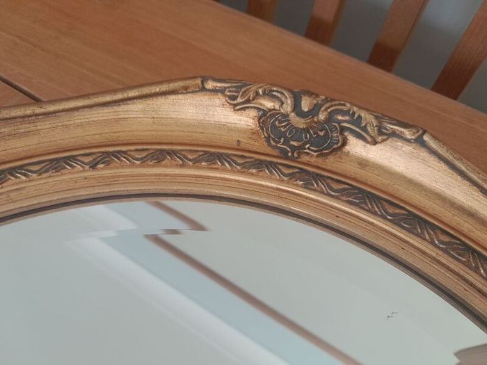 Vintage Ornate Gold Gilt Wood Oval Mirror. Bevelled Glass. 50cm x 60cm