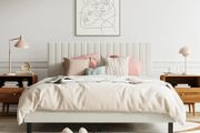 4ft6 Double Bed Frame, Upholstered Platform Bed with Adjustable Velvet Headboard, Sturdy Wooden Slats, Silent Design, No Spring Mattress Required, Easy Assembly, Beige