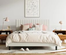4ft6 Double Bed Frame, Upholstered Platform Bed with Adjustable Velvet Headboard, Sturdy Wooden Slats, Silent Design, No Spring Mattress Required, Easy Assembly, Beige