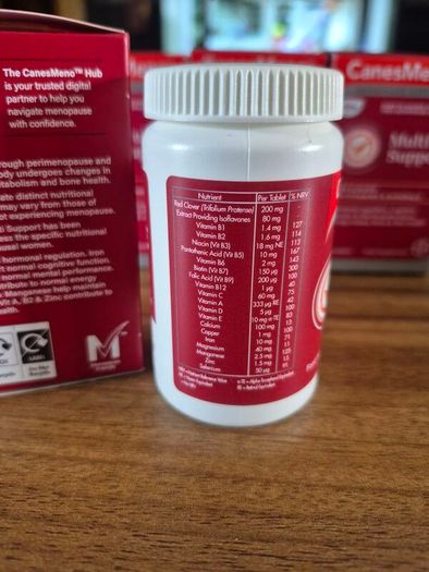 CanesMeno Multi Support menopause support supplement. Red Clover + 19 vitamins & minerals