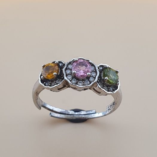 Vintage 925 Sterling Silver Multi-Stone Tourmaline Adjustable Ring