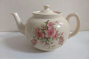 Beautiful Cream-Earthenware Clay Teapot with A Pink Floral Motif - Pattern Number 5412, No Backstamp, Most Likely Carrig Ware