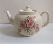 Beautiful Cream-Earthenware Clay Teapot with A Pink Floral Motif - Pattern Number 5412, No Backstamp, Most Likely Carrig Ware