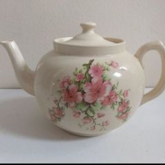 Beautiful Cream-Earthenware Clay Teapot with A Pink Floral Motif - Pattern Number 5412, No Backstamp, Most Likely Carrig Ware