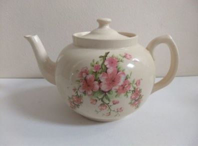 Beautiful Cream-Earthenware Clay Teapot with A Pink Floral Motif - Pattern Number 5412, No Backstamp, Most Likely Carrig Ware