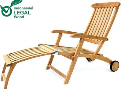 Wooden sun lounger  Deckchair with Wheels Backrest Adjustable Teak Wood SVLK Certified Footrest Folding Deck Chair Garden Lounger Sun Lounger