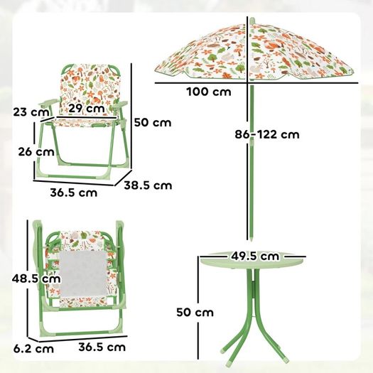 4-Piece Kids Garden Table and Chair Set with Adjustable Parasol, Folding Chairs, Table, Nature Pattern, Green