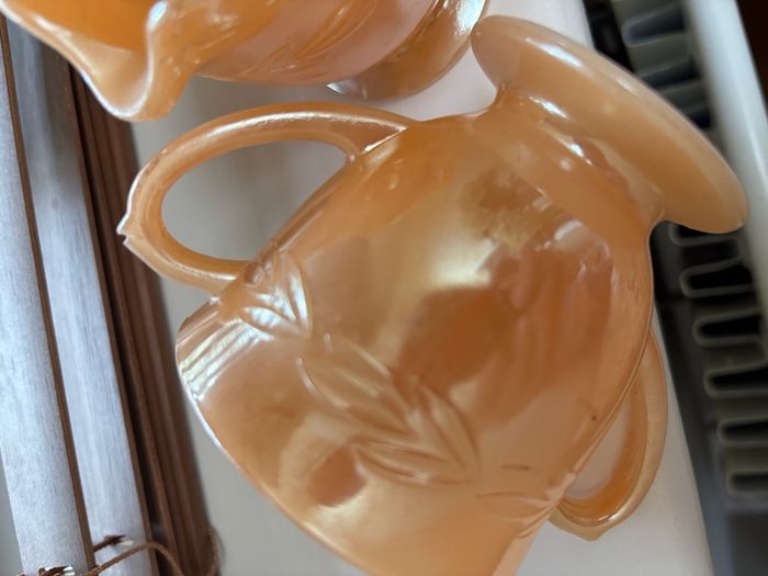 A bundle of vintage - retro pieces, Carnival Glass , Anchor Hocking Fire King, Large Ribbed Glass Butter Dish, Citrus Juicer, Three Footed Glass Sugar Bowl and Jug