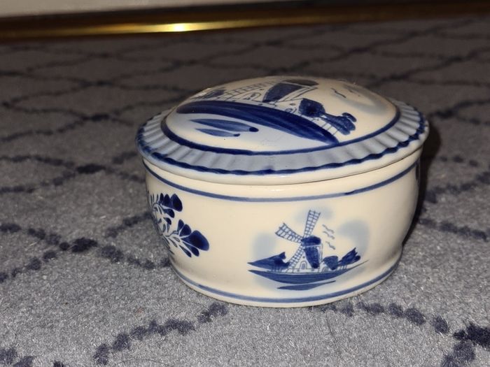 Vintage Dutch Porcelain Delft Windmill Pin Box/ Trinket Box