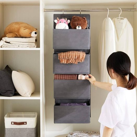 FREE SHIPPING Over Door Storage with 4 Pockets Strong and Durable, Hanging Wardrobe Storage Organiser Practical and Spacious, Hanging Storage With 2 Metal Hooks for Bathroom Office Bedroom Grey