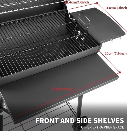BBQ Grill Smoker With Side Shelves, Barbecue Garden Grill with Temperature Gauge, Outdoor Oil Drum Camping Barbeque Charcoal BBQ Barrel