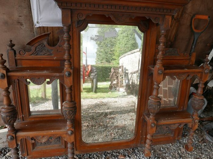 Antique Victorian style overmantel mirror with shelves