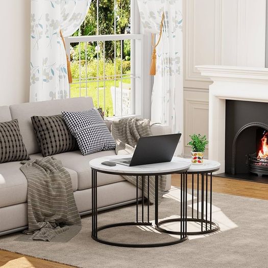 Round Coffee Tables, Set of 2 End Table, Nesting Tables, Side Table with Metal Frame for Living Room/Bedroom/Balcony/Office/Apartment, Diameter 23.6/15.7 IN (Black Frame, White Marble Finish Top)