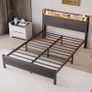 King Size Bed Frame with Storage Shelf Wooden Headboard,LED Lights,5ft Metal Bed Frames Kingsize Bed with Charging Station,Mattress Foundation,Strong Steel Slats Support,Noise Free,Black Image 3