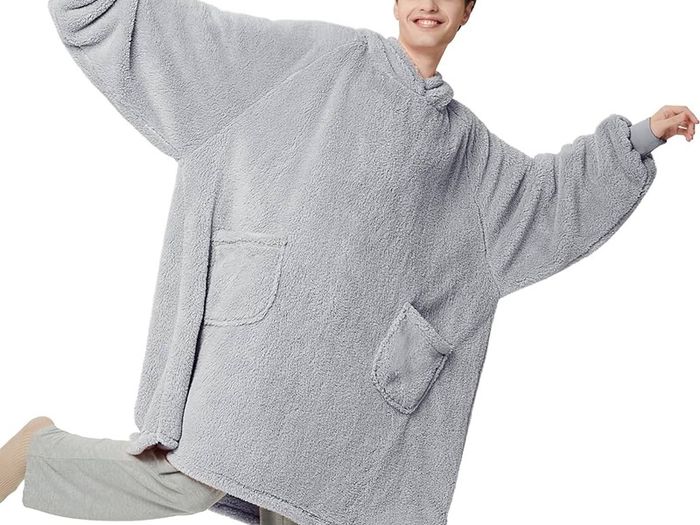 NEW SALE | Oversized Wearable Blanket Hoodie Men Women - Fluffy Fleece Hoodie Blanket for Adults, Warm Hooded Blanket as Gifts for Her, Grey, 107 x 90 cm