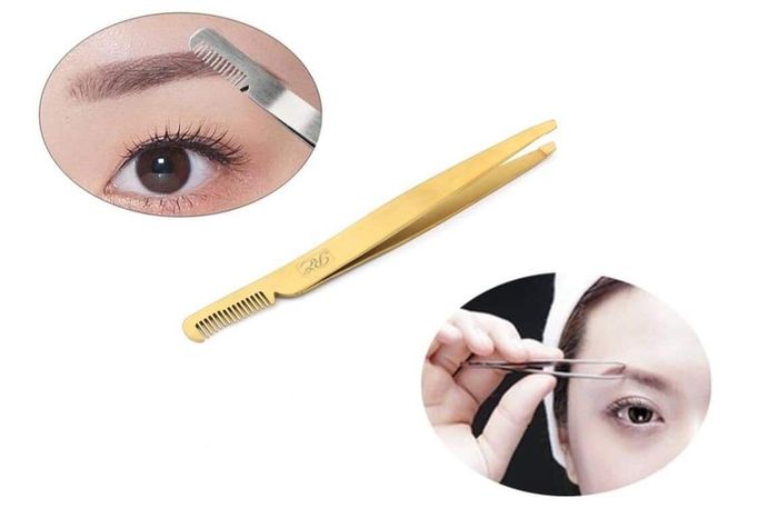 Professional Eyebrow Tweezers with Comb ingrown Hair Plucker Eyelashes Extension Placer Slanted tip Depletion Tool Plucking Tweezers Personal Grooming Instruments Stainless Steel from Real Edge (Gold)