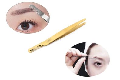 Professional Eyebrow Tweezers with Comb ingrown Hair Plucker Eyelashes Extension Placer Slanted tip Depletion Tool Plucking Tweezers Personal Grooming Instruments Stainless Steel from Real Edge (Gold)