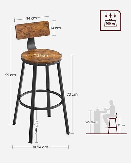 Bar Stools, Kitchen Stools, Set of 2 Tall Bar Chairs with Backrest, Steel Frame, 73 cm High Seat, Easy Assembly, Industrial, Rustic Brown and Black (FREE POSTAGE)
