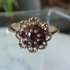 9ct Gold Garnet Cluster Flowerhead Ring, Rope Twist, Birmingham 1977, Size O, 1.96g