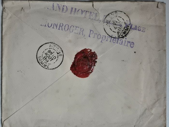 Stamp envelope. France 1889 Postal History Cover Berck-Plage Grand Hotel Lionroger Wax Seal Amiens. antique, 19th-century, mail, envelope, commerce, tourism, maritime, railway, train, transit, postmark, cancellation.