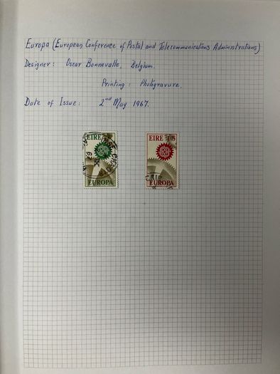 1965-74 Ireland used written up on spring back pages including some varieties/ errors in spring back album. Includes loads of spare pages. Note 66 rising set and MacCurtain & MacSweeney sets.