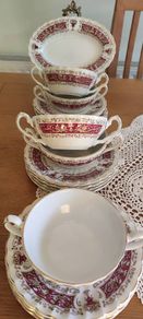 18 pcs Myott Ironstone Ware,  Handled Soup Bowls And Plates Rialto Marone