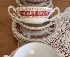 18 pcs Myott Ironstone Ware,  Handled Soup Bowls And Plates Rialto Marone
