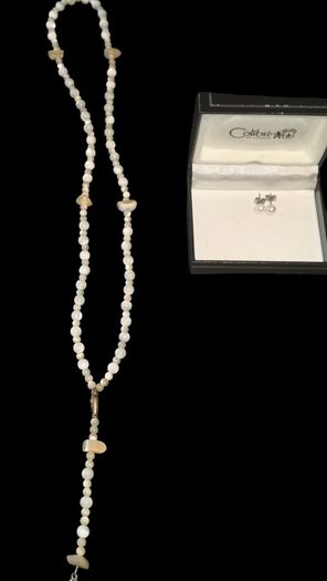 Vintage mother of pearl rosary beads necklace with pearl studs