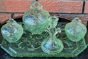 Art Deco Mint Green Coloured 5 x Piece Glass Vanity Set