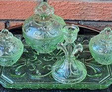 Art Deco 5 x Piece Uranium Glass Vanity Set