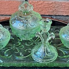 Art Deco 5 x Piece Uranium Glass Vanity Set
