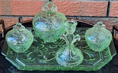 Art Deco 5 x Piece Uranium Glass Vanity Set