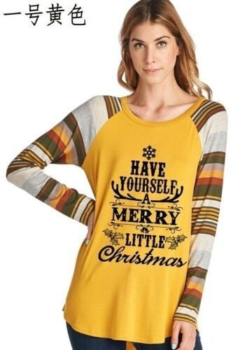 Ladies Women Christmas T Shirt Top Long Sleeve Merry Little Reindeer Holly Jolly