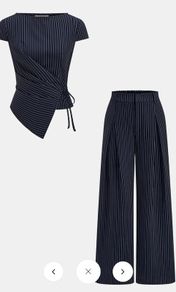 Pinstripe Wrap Tie Top & Pants Set - Navy / L